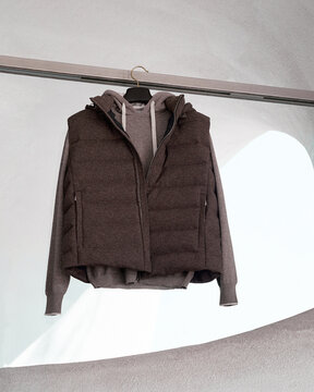 Stylish casual outerwear on display in minimalist setting
