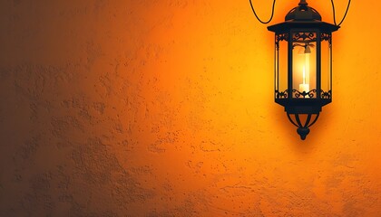Hanging ramadhan lantern with candle in front of glowing lights. Suitable for festive decorations or background with ambient lighting concepts in design projects