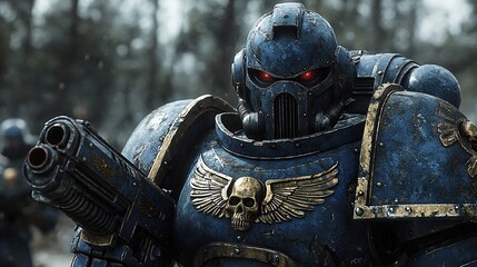 A futuristic soldier in blue armor with glowing red eyes and a skull emblem on his chest stands with a gun in a blurry forest background.