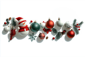 A vibrant collection of Christmas ornaments and decorations arranged in a festive composition. The display features a cheerful snowman figurine, glittering baubles in red, green, and white