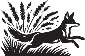 A fox running through tall grass silhouette vector