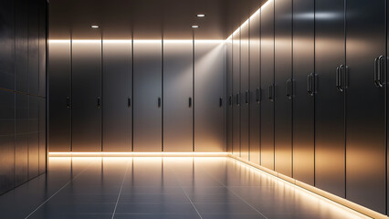 Obraz premium Dark-colored lockers in a room with a bright light source at the end. Ideal for secure storage solutions in modern interiors.