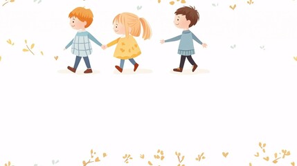 Fototapeta premium Charming Illustration of Three Children Holding Hands in a Joyful Walk Among Delicate Floral Elements on a Light Background for Playful Themes