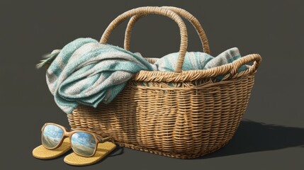 Obraz premium Wicker Basket with Towels and Sunglasses for Beach or Picnic Use