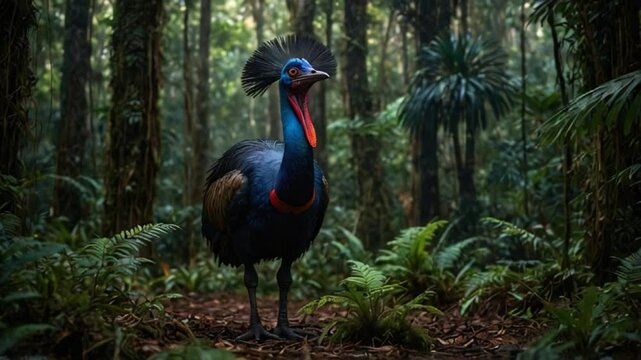 Bird Animation. Southern cassowary moving powerfully through the forest, its striking beak and helmet-like crest highlighted in motion. Bold and dynamic.