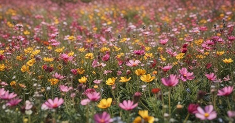 Field of vibrant wildflowers with a mix of pink and yellow petals swaying gently in the breeze, field view, sunny day