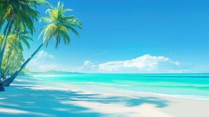Idyllic tropical beach scene with palm trees, turquoise water, and white sand. (1)