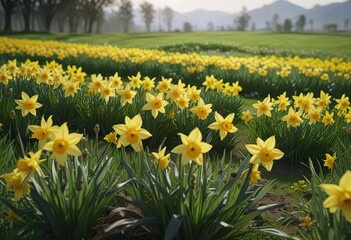 Fototapeta premium Vibrant daffodils sway in the gentle spring breeze amidst a lush green field , nature, landscape