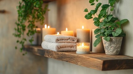 Cozy Spa Scene with Candles, Towels, and Lush Greenery Decor