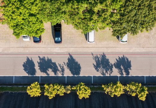 Aerial View of Parking Area with Vehicles and Tree Shadows