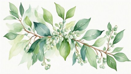 Elegant watercolor green leaves and berries arrangement with fresh and natural vibe