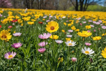 Obraz premium Peaceful Spring Flower Meadow Under Bright Sunshine