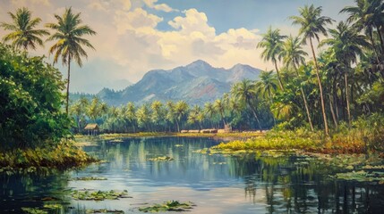 Serene Tropical Landscape with Mountains and Lush Palm Trees