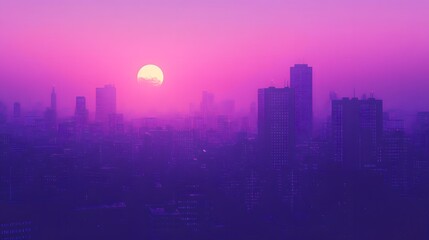 Fototapeta premium Cityscape at Sunset with a Large Yellow Moon