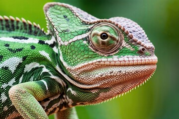Fototapeta premium Incredible Close-Up of a Green Chameleon Analyzing Wildlife and Reptile Skin Details