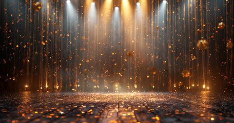 Obraz premium Golden Stage Lighting with Falling Confetti for Product Presentation