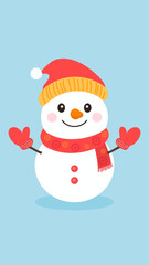 Illustration of a cartoon snowman wearing a hat at Christmas
