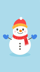 Illustration of a cartoon snowman wearing a hat at Christmas