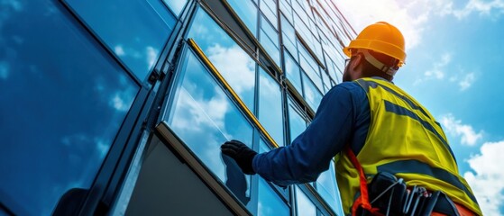 A close-up shot of a construction engineer inspecting the installation of prefabricated facade panels on a commercial office tower, Facade installation scene, Engineering inspection style