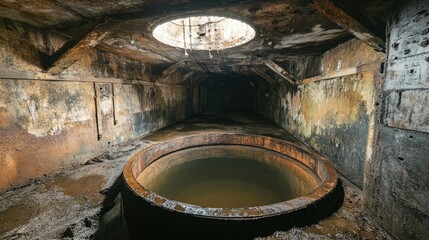 Fototapeta premium Dark and Abandoned Industrial Space with Circular Water Tank