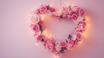 Heart-shaped floral arrangement with soft pink roses and twinkling lights hanging on a wall