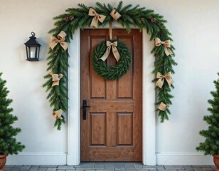 Rustic Christmas door with a natural fir wreath and burlap garland draped over the frame, Winter holiday decor, Festive holiday entrances, Natural fir wreaths