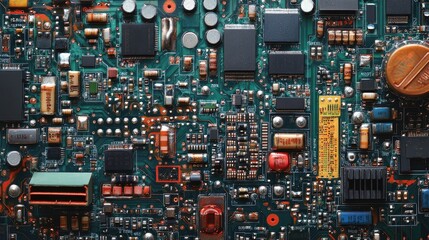 Close-Up View of Complex Electronic Circuit Board Components