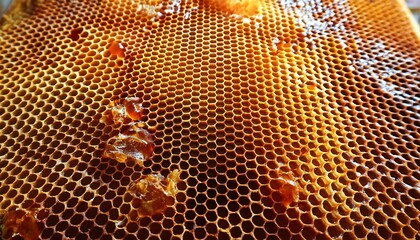 Golden honeycomb texture, filled with sweet honey. A close-up view of nature's intricate design.