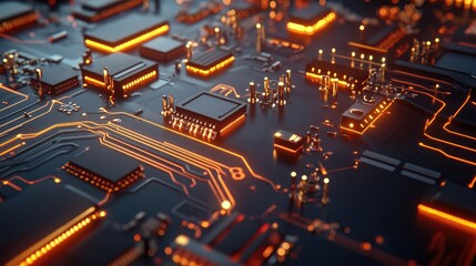 Close-Up View of Glowing Circuit Board with Orange LED Lights