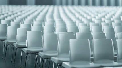 Fototapeta premium Empty airport seats, rows of white chairs in the modern terminal, with two dark-uniformed captains approaching each other, shallow depth of field focused on the chairs, obscurating the background and 