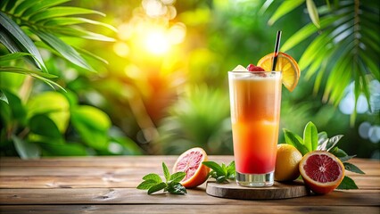 Refreshing Tropical Layered Cocktail on Wooden Table with Lush Greenery Background