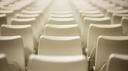 Obraz premium Empty airport seats, rows of white chairs in the modern terminal, with two dark-uniformed captains approaching each other, shallow depth of field focused on the chairs, obscurating the background and 