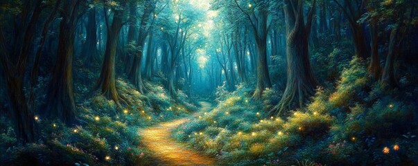 Enchanted Fairy Tale Forest Path with Glowing Lights and Dreamy Garden Scenery