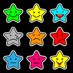 Star emoticon on pack with 9 variations of expression. Colorized concept. Vector illustration.