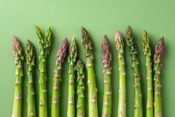 Closeup of Fresh Organic Asparagus Spears on Light Green Background