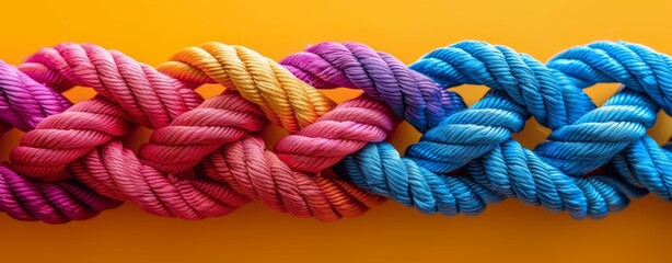 Close up of colorful braided rope on orange background symbolizing diversity unity strength and teamwork. Concept of partnership support and communication for community network and cohesion