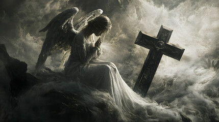 An angel crying and looking down in front of the cross