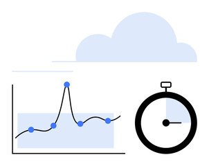 Graph with upward trend and timing stopwatch under cloud. Ideal for data tracking, analytics, productivity, timing, efficiency, forecasting, strategy. Line metaphor