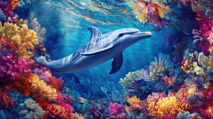 Fototapeta premium Dolphin Paradise: A vibrant underwater scene of a dolphin gracefully swimming amidst a kaleidoscope of colorful coral reefs. A breathtaking underwater spectacle.