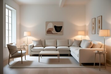 Modern minimalist living room with beige sectional sofa, armchair, lamps, coffee table, and abstract art.