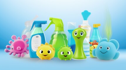 Obraz premium A colorful assortment of playful cleaning products with friendly faces.