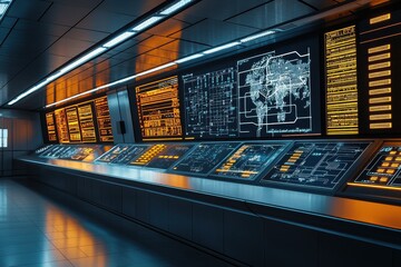 Obraz premium A futuristic control room with illuminated screens displaying complex data and maps, set in a sleek, high-tech environment.