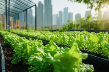 A rooftop garden featuring vibrant lettuce plants with a city skyline in the background.