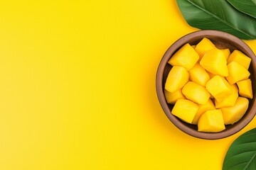 Fresh Mango Cubes in Wooden Bowl on Vibrant Yellow Background with Green Leaves