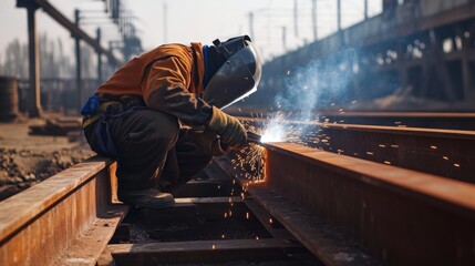 Fototapeta premium A welder welding steel beams together for a bridge construction project, Bridge welding scene, Structural integrity style