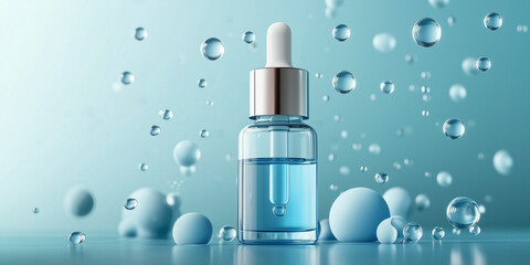 glass bottle containing a serum with cosmetic dropper on a plain white backdrop. Display of a container for cosmetic products.