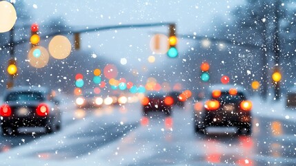 Snowy City Traffic Lights Creating a Magical Winter Scene
