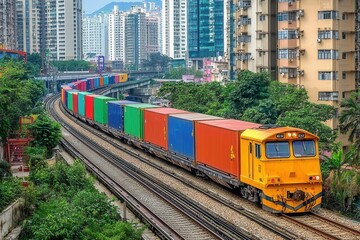 Fototapeta premium A vibrant freight train winds through a city landscape, transporting colorful containers amidst tall buildings and greenery.