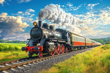 Fototapeta premium A vintage steam locomotive travels through a picturesque landscape, surrounded by green fields and a blue sky filled with fluffy clouds.