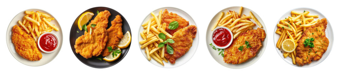 Plates with French fries, chicken schnitzel and ketchup isolated on transparent background, top view